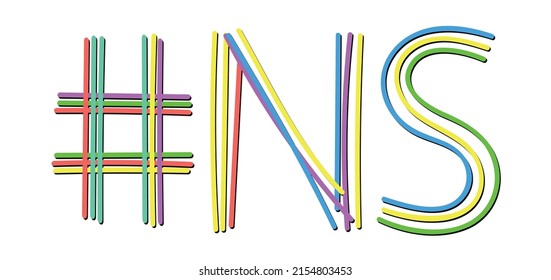 NS Hashtag. Isolate doodle lettering text from multi-colored curved neon lines like from a felt-tip pen, pensil. #NS is abbreviation for the Canadian Nova Scotia for banner, social network, t-shirts