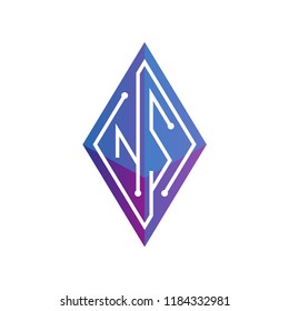 NS Initial letter block chain logo icon vector template. Looping mono line circuit letter on rhombus cube logo