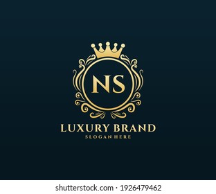 NS Initial Letter Gold calligraphic feminine floral hand drawn heraldic monogram antique vintage style luxury logo design.