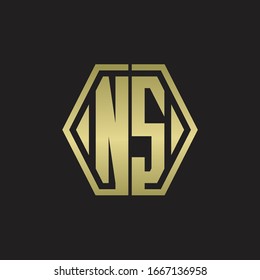 Monograma del logotipo NS con plantilla de diseño redondeado de línea hexagonal con colores dorados