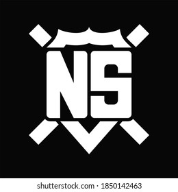 Monograma del logotipo NS aislado en forma de escudo con línea redondeada sobre fondo negro