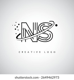 Logotipo do monograma da órbita de NS - marca de letra mínima futurista com linha de arte circular, pontos inspirados na tecnologia e conceito de movimento espacial para identidade de marca moderna