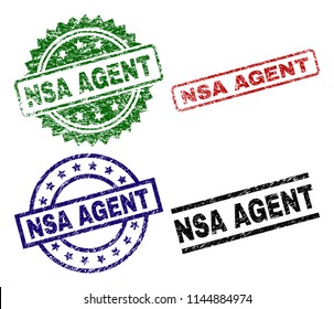 NSA AGENT seal prints with distress texture. Black, green,red,blue vector rubber prints of NSA AGENT tag with scratched style. Rubber seals with circle, rectangle, rosette shapes.