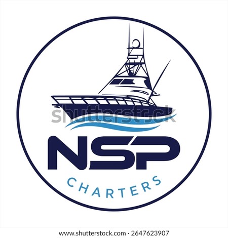 NSP Charters Logo Featuring Fishing Boat Silhouette and Water Waves Design for Fishing Trip and Charter Services