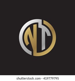 NT initial letters looping linked circle elegant logo golden silver black background