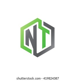 NT initial letters looping linked hexagon logo black gray green