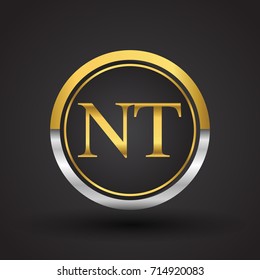 NT Letter logo in a circle, gold and silver colored. Vector design template elements for your business or company identity.