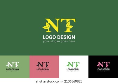 NT letters eco logo with leaf. Vector typeface for nature posters, eco friendly emblem, vegan identity, herbal and botanical cards etc. Ecology NT letters logo with leaf.