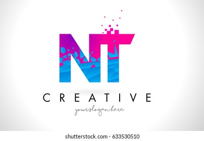 NT N T Letter Logo with Broken Shattered Blue Pink Triangles Texture Design Vector Illustration.