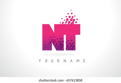 NT N T Letter Logo with Pink Letters and Purple Color Particles Dots Design.