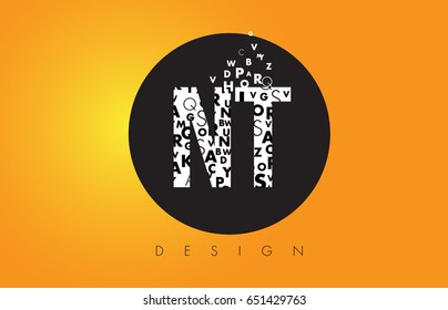 NT N T Logo Design Made of Small Letters with Black Circle and Yellow Background.