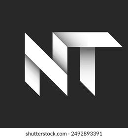 NT or TN letter logo design with 3D folded paper effect in black and white. Combination two overlapping letters N and T for typography and graphic design.