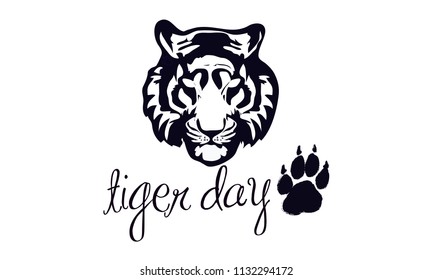 nternational Tiger day. July 29. Template for your design. Emblem design. Isolated artwork object. Three vector cards with isolated parts of tiger face and inscriptions. Vector color illustration.