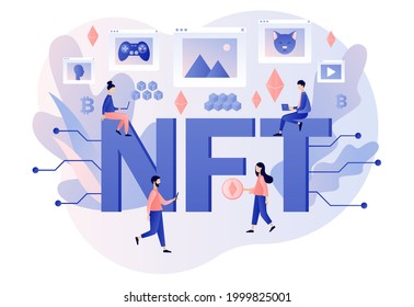 NTF - großer Text. Nicht fungibler Token. Kleine Leute investieren in Crypto Kunst, Spiel, Video. Online Galerie nft art. Internet Marktplatz und Blockchain Technologie. Moderner, flacher Cartoon-Stil. Vektorgrafik 