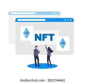 NTF Concept Illustration. Ein junger Mann und eine junge Frau stehen vor einem großen Bildschirm. Auf dem Bildschirm ist die Inschrift NFT und das Ethereum-Symbol. Vektorgrafik für Banner, Web, Artikel