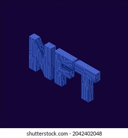 NTF-Konzept. n\Nicht fungibler Token mit Netzwerkvektor auf dunklem Hintergrund. Isometrische Vektorgrafik