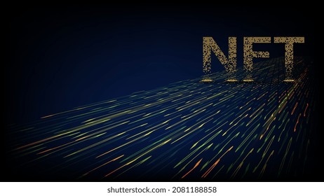 NTF nicht fungible Token aus zerbröckelten, herunterfallenden goldenen Würfeln, die auf dem fließenden digitalen Strom stehen. Bezahlen Sie einzigartige Kollektionen in Spielen oder Kunst. Farbige Header oder Banner. Vectordesign-Element.