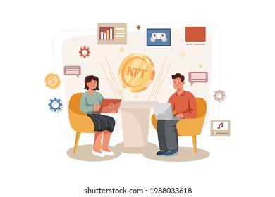 (NTF) Non Fungible Token Illustration concept. Flat illustration isolated on white background.