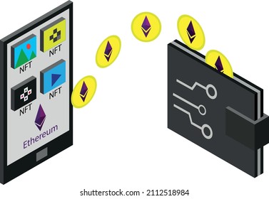 NTF. Non-fungible token. Staking ethereum on E-wallet for passive income isometric 3d vector illustration