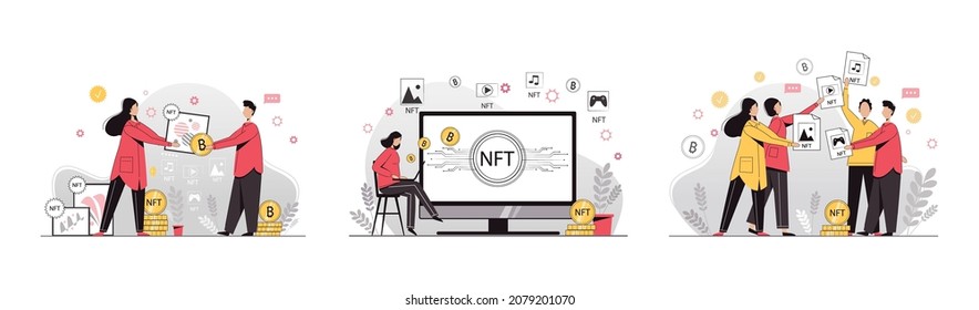 NTF. Nicht fungibler Token. Technologie des Verkaufs von NFT-Token für Kryptowährung. Kryptokunst. Vektorgrafik