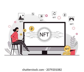 NTF. Non-fungible token. Technology of selling NFT tokens for cryptocurrency. Crypto art. Vector illustration