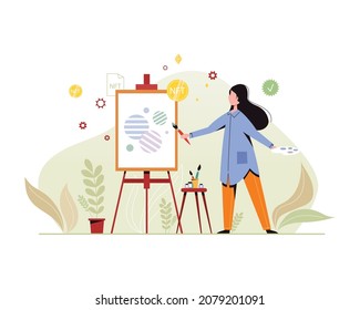 NTF. Non-fungible token. Technology of selling NFT tokens for cryptocurrency. Crypto art. Vector illustration