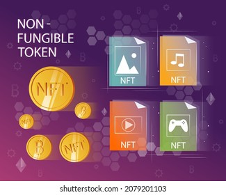 NTF. Non-fungible token. Technology of selling NFT tokens for cryptocurrency. Crypto art. Vector illustration