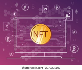 NTF. Nicht fungibler Token. Technologie des Verkaufs von NFT-Token für Kryptowährung. Kryptokunst. Vektorgrafik