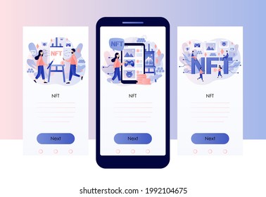NTF. Non-fungible token. Tiny people investing in Crypto art, game, video. Online gallery nft art. Blockchain technology. Screen template for mobile, smartphone app. Modern flat cartoon style. Vector