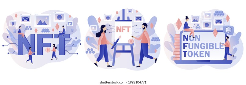 NTF. Nicht fungibler Token. Kleine Leute investieren in Crypto Kunst, Spiel, Video. Online Galerie nft art. Internet Marktplatz und Blockchain Technologie. Moderner, flacher Cartoon-Stil. Vektorgrafik