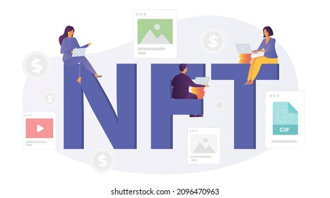 NTF. Non-fungible token. Tiny people investing in Crypto art, game, video. Online gallery nft art. Internet marketplace and blockchain technology. Modern flat cartoon style. Vector illustration