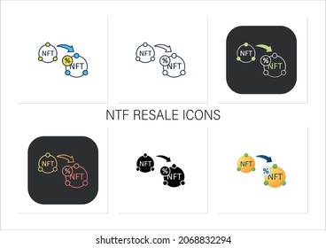 NTF resale icons set. Subsequent percentage. Secondary sale.Agreement. Digitalization concept. Collection of icons in linear, filled, color styles.Isolated vector illustrations