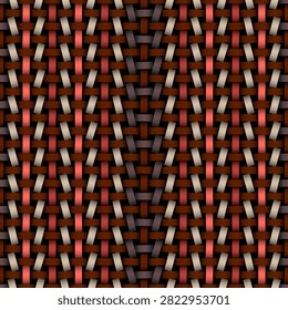 NThis seamless woven pattern blends North American tribal geometry with subtle  Halloween color accents, featuring interlaced bands in red, brown, beige and dark purple arranged in a rhythmic grid. The handcrafted woven texture reflects indigenous textile traditions of North America, while the warm autumn palette echoes seasonal Halloween aesthetics without becoming overly thematic. The symmetrical vertical gradient adds depth and visual interest, making the pattern suitable for tribal décor, seasonal packaging, craft materials, textile prints, branding and digital artwork. The editable background is placed on a separate layer, allowing recoloring, removal or full customization for creative projects.