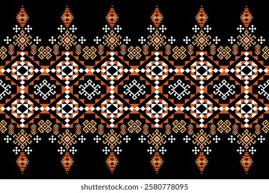 ntricate traditional textile with a bold black background. Geometric motifs in warm colors. Perfect for fashion, home decor, and graphic design.