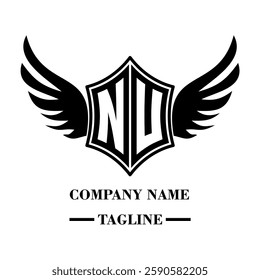NU bold shield logo with wings, customizable with letters A to Z. Perfect for brands seeking a powerful symbol of strength, freedom, and ambition