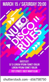 Nu Disco Rules music poster, music banner or flyer with cassette trendy colorful neon design cool vector elements & lettering composition