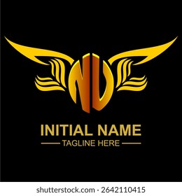 NU Golden Wing Emblem Logo with elegant gold wings, sleek and modern design. Ideal for branding, creative projects, luxury businesses, or artistic ventures.