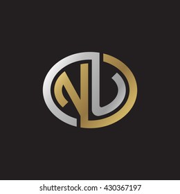 NU initial letters looping linked ellipse elegant logo golden silver black background