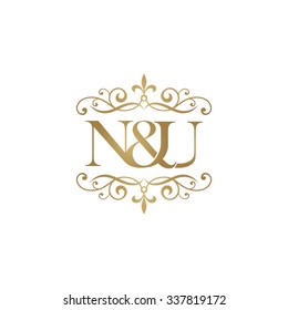 N&U Initial logo. Ornament ampersand monogram golden logo
