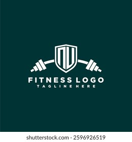 NU initial monogram for fitnes or gym logo with creative shield and barbell design