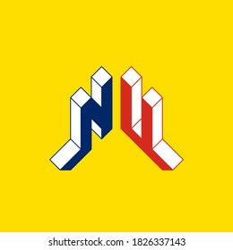 NU - international 2-letter code or National domain of Niue. N and U - Monogram or logotype. Isometric 3d font for design. Three-dimension letters.