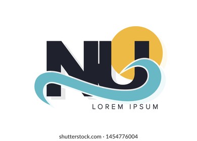 NU letter logo with ocean waves and sunset. Beach concept design