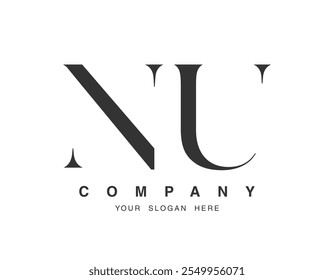 Design do logotipo da NU. Estilo de fonte da letra inicial n e u serif. Tipografia clássica do nome da empresa. Logotipo ou identidade da moda. Ilustração vetorial.