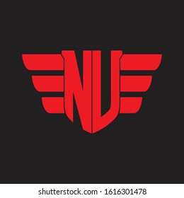 NU Logo monogram with emblem and wings element design template on red colors