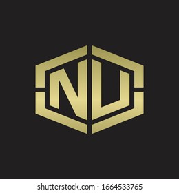 NU Logo monogram with hexagon shape and piece line rounded design tamplate on gold colors