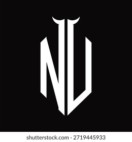 NU Logo monograma con forma de cuerno aislado Plantilla de diseño en blanco y negro sobre fondo negro