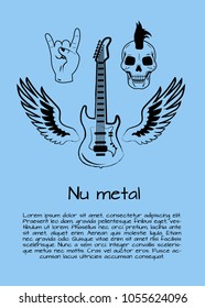 Nu metal music poster with electrical guitar surrounded by wings, skull and sign of horns. Vector illustration of hard musical symbol on blue background