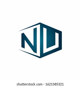 NU monogram logo with hexagon shape and negative space style ribbon design template