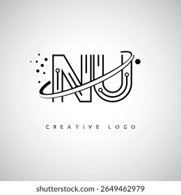 Logotipo de Monograma de Órbita NU - Marca de Letra Mínima Futurista com Linha de Arte Circular, Pontos Inspirados na Tecnologia e Conceito de Movimento Espacial para Identidade de Marca Moderna