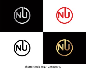 NU text gold black silver modern creative alphabet letter logo design vector icon
